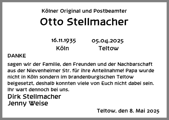 Anzeige von Otto Stellmacher von Kölner Stadt-Anzeiger / Kölnische Rundschau / Express