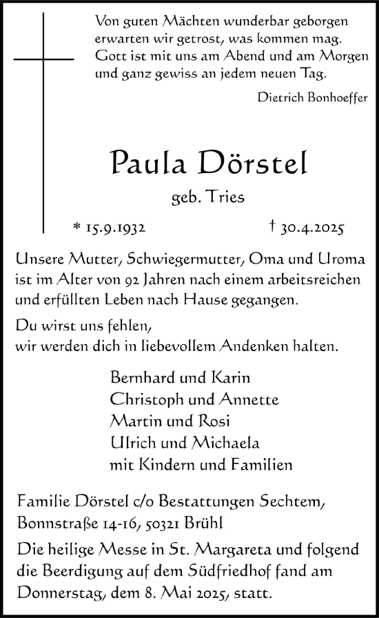 Anzeige von Paula Dörstel von  Schlossbote/Werbekurier 