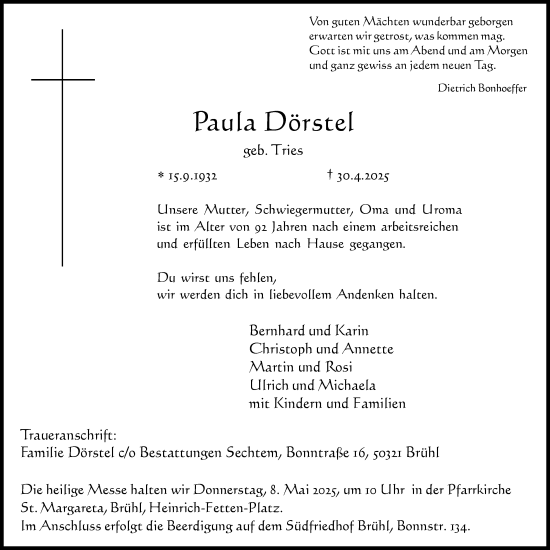 Anzeige von Paula Dörstel von Kölner Stadt-Anzeiger / Kölnische Rundschau / Express