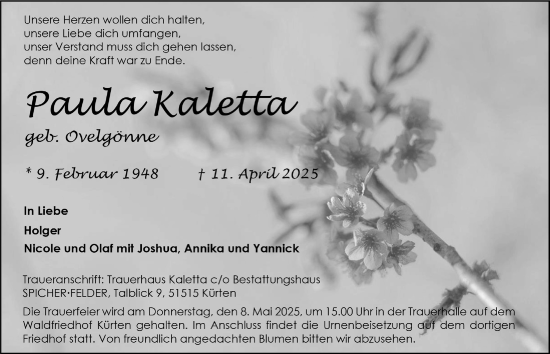 Anzeige von Paula Kaletta von  Bergisches Handelsblatt 
