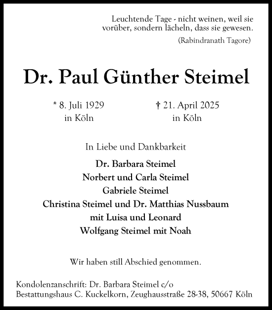 Anzeige von Paul Günther Steimel von Kölner Stadt-Anzeiger / Kölnische Rundschau / Express