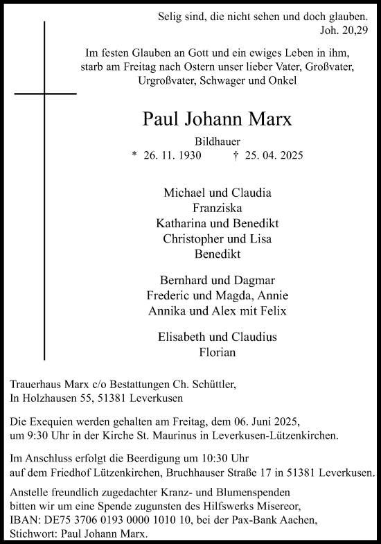 Anzeige von Paul Johann Marx von Kölner Stadt-Anzeiger / Kölnische Rundschau / Express