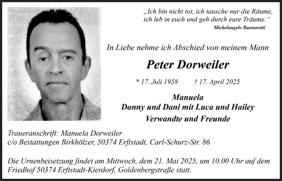 Anzeige von Peter Dorweiler von  Werbepost 