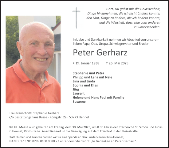 Anzeige von Peter Gerharz von Kölner Stadt-Anzeiger / Kölnische Rundschau / Express