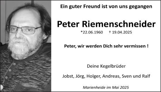 Anzeige von Peter Riemenschneider von  Anzeigen Echo 