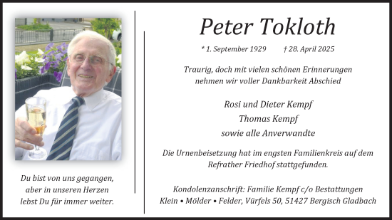 Anzeige von Peter Tokloth von Kölner Stadt-Anzeiger / Kölnische Rundschau / Express