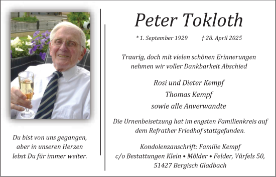 Anzeige von Peter Tokloth von  Bergisches Handelsblatt 