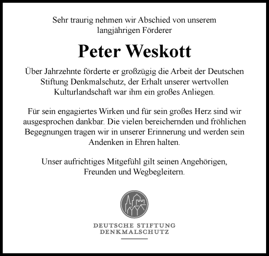 Anzeige von Peter Weskott von Kölner Stadt-Anzeiger / Kölnische Rundschau / Express