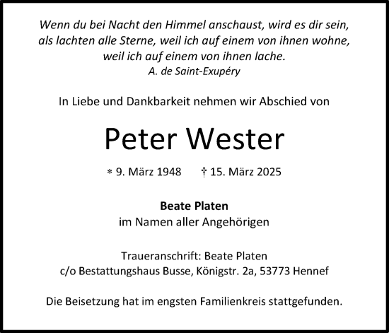 Anzeige von Peter Wester von Kölner Stadt-Anzeiger / Kölnische Rundschau / Express