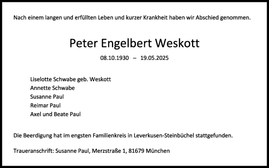 Anzeige von Peter Engelbert Weskott von Kölner Stadt-Anzeiger / Kölnische Rundschau / Express