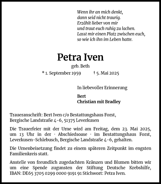 Anzeige von Petra Iven von Kölner Stadt-Anzeiger / Kölnische Rundschau / Express