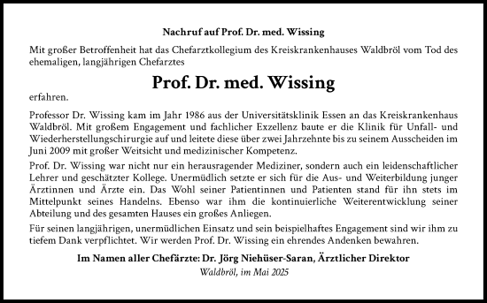 Anzeige von Prof. Dr. med. Wissing von Kölner Stadt-Anzeiger / Kölnische Rundschau / Express