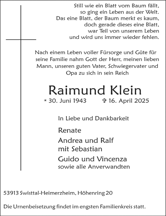 Anzeige von Raimund Klein von  Schaufenster/Blickpunkt 