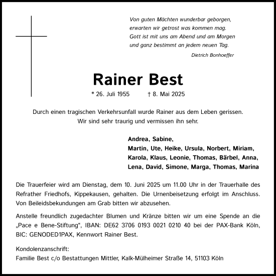 Anzeige von Rainer Best von Kölner Stadt-Anzeiger / Kölnische Rundschau / Express
