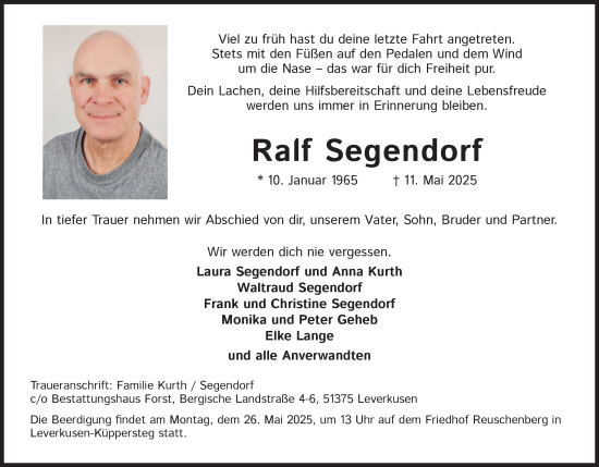 Anzeige von Ralf Segendorf von Kölner Stadt-Anzeiger / Kölnische Rundschau / Express