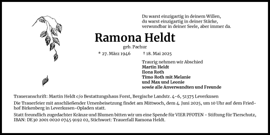Anzeige von Ramona Heldt von Kölner Stadt-Anzeiger / Kölnische Rundschau / Express