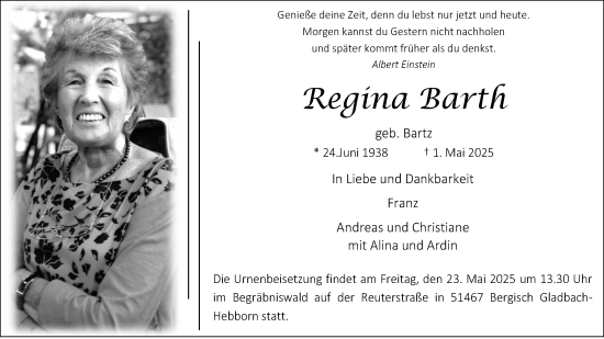 Anzeige von Regina Barth von Kölner Stadt-Anzeiger / Kölnische Rundschau / Express