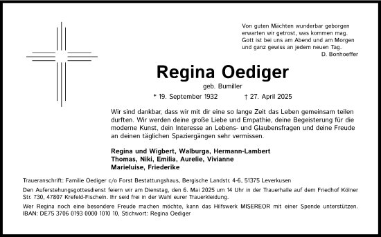 Anzeige von Regina Oediger von Kölner Stadt-Anzeiger / Kölnische Rundschau / Express