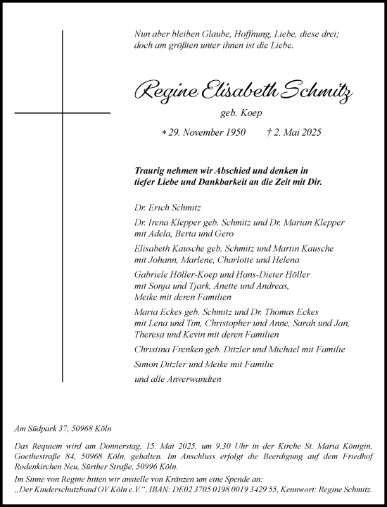 Anzeige von Regine Elisabeth Schmitz von Kölner Stadt-Anzeiger / Kölnische Rundschau / Express