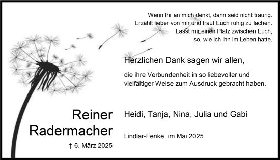 Anzeige von Reiner Radermacher von  Anzeigen Echo 