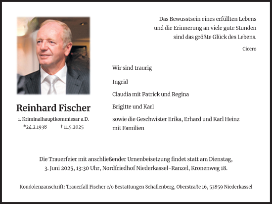 Anzeige von Reinhard Fischer von Kölner Stadt-Anzeiger / Kölnische Rundschau / Express