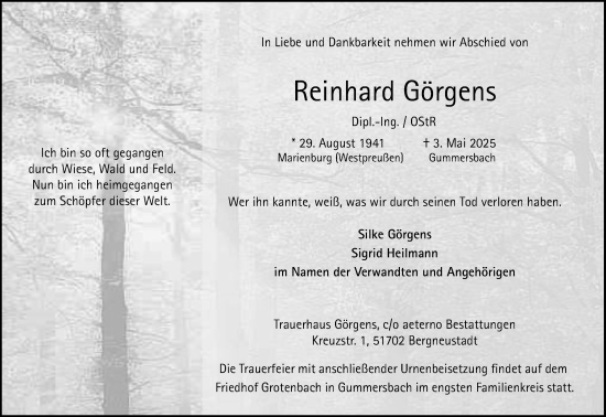 Anzeige von Reinhard Görgens von Kölner Stadt-Anzeiger / Kölnische Rundschau / Express