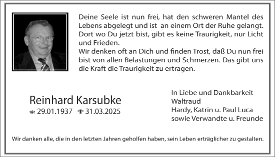 Anzeige von Reinhard Karsubke von  Anzeigen Echo 