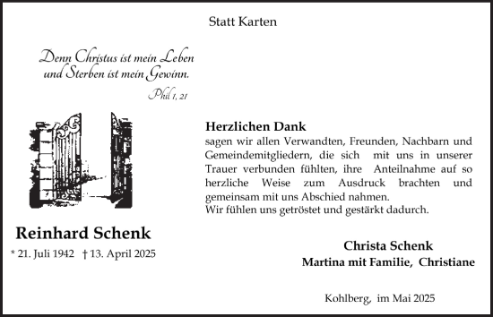 Anzeige von Reinhard Schenk von  Lokalanzeiger 