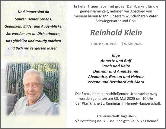Anzeige von Reinhold Klein von Kölner Stadt-Anzeiger / Kölnische Rundschau / Express