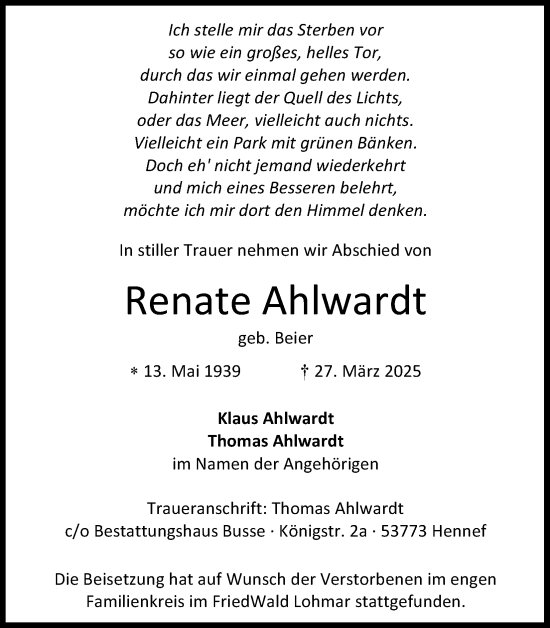 Anzeige von Renate Ahlwardt von Kölner Stadt-Anzeiger / Kölnische Rundschau / Express