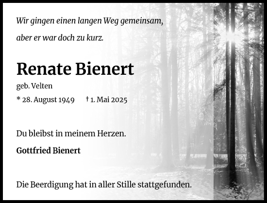 Anzeige von Renate Bienert von Kölner Stadt-Anzeiger / Kölnische Rundschau / Express