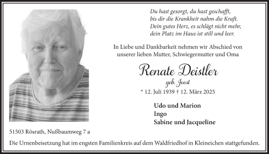 Anzeige von Renate Deistler von  Bergisches Handelsblatt 