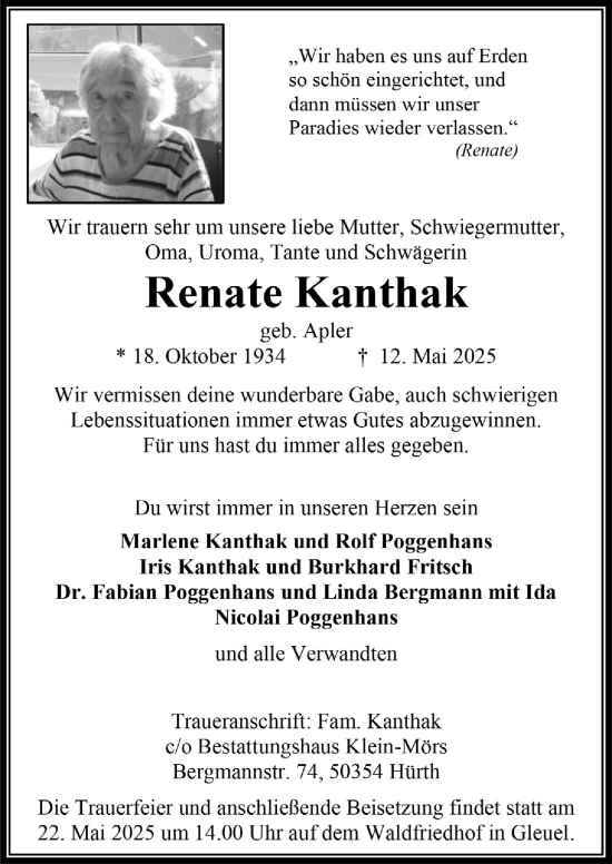 Anzeige von Renate Kanthak von  Wochenende 