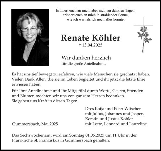Anzeige von Renate Köhler von Kölner Stadt-Anzeiger / Kölnische Rundschau / Express