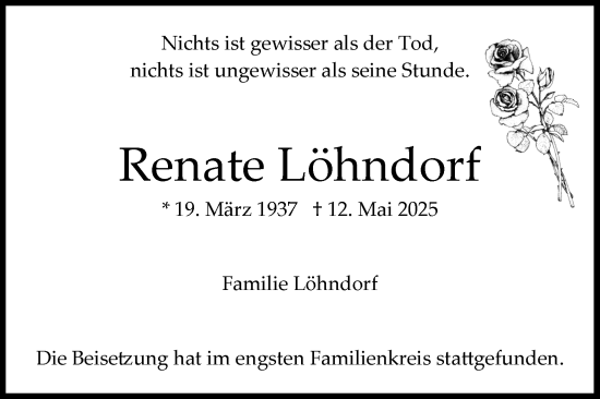Anzeige von Renate Löhndorf von Kölner Stadt-Anzeiger / Kölnische Rundschau / Express