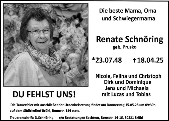 Anzeige von Renate Schnöring von  Schlossbote/Werbekurier 