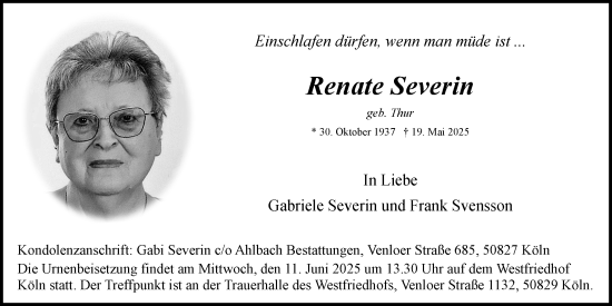 Anzeige von Renate Severin von Kölner Stadt-Anzeiger / Kölnische Rundschau / Express
