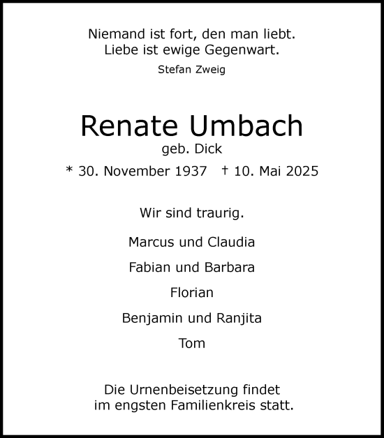 Anzeige von Renate Umbach von Kölner Stadt-Anzeiger / Kölnische Rundschau / Express