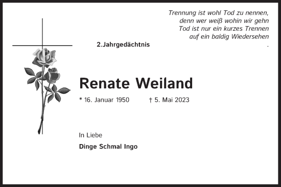 Anzeige von Renate Weiland von Kölner Stadt-Anzeiger / Kölnische Rundschau / Express