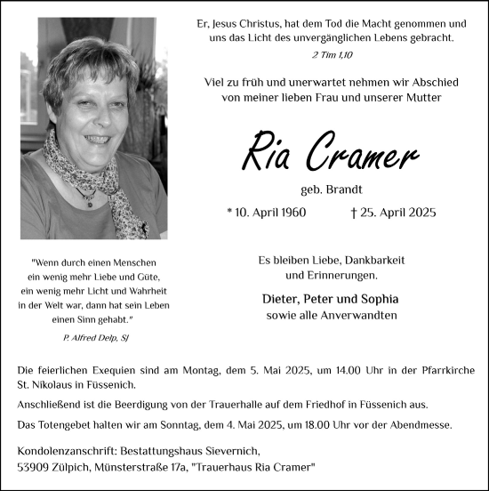 Anzeige von Ria Cramer von  Blickpunkt Euskirchen 