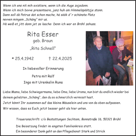 Anzeige von Rita Esser von  Schlossbote/Werbekurier 