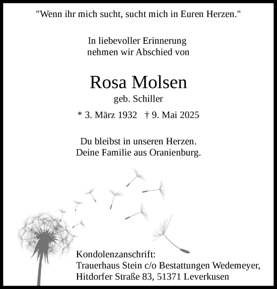 Anzeige von Rosa Molsen von Kölner Stadt-Anzeiger / Kölnische Rundschau / Express
