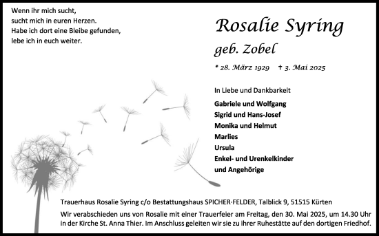 Anzeige von Rosalie Syring von Kölner Stadt-Anzeiger / Kölnische Rundschau / Express