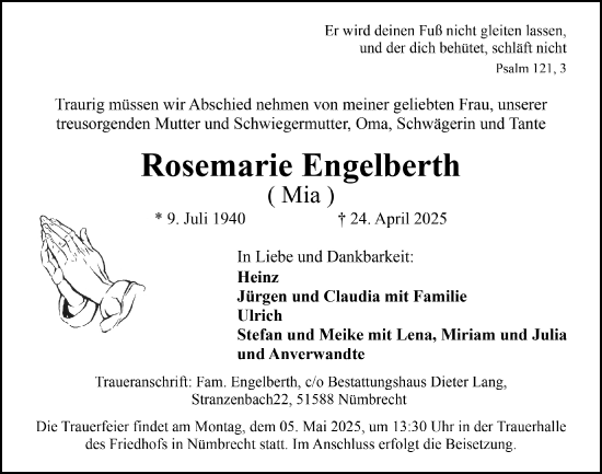 Anzeige von Rosemarie Engelberth von  Lokalanzeiger 
