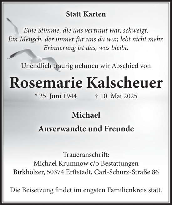 Anzeige von Rosemarie Kalscheuer von  Werbepost 