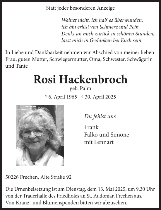 Anzeige von Rosi Hackenbroch von  Wochenende 