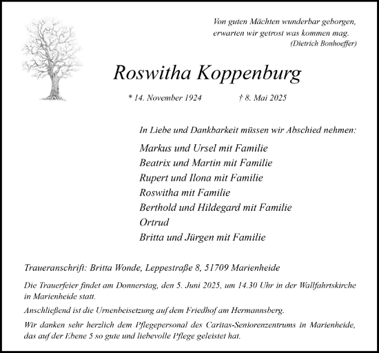 Anzeige von Roswitha Koppenburg von  Anzeigen Echo 