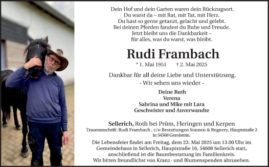 Anzeige von Rudi Frambach von Kölner Stadt-Anzeiger / Kölnische Rundschau / Express