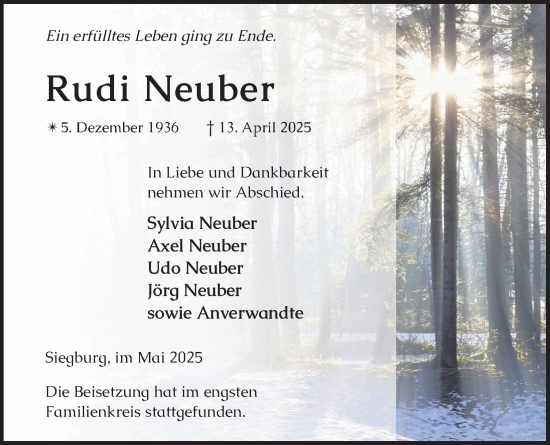 Anzeige von Rudi Neuber von Kölner Stadt-Anzeiger / Kölnische Rundschau / Express