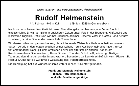 Anzeige von Rudolf Helmenstein von Kölner Stadt-Anzeiger / Kölnische Rundschau / Express